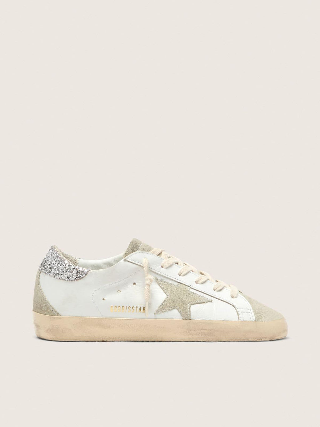 Golden Goose Super-Star Donna con Stella Grigia e Talloncino in Glitter Argento
