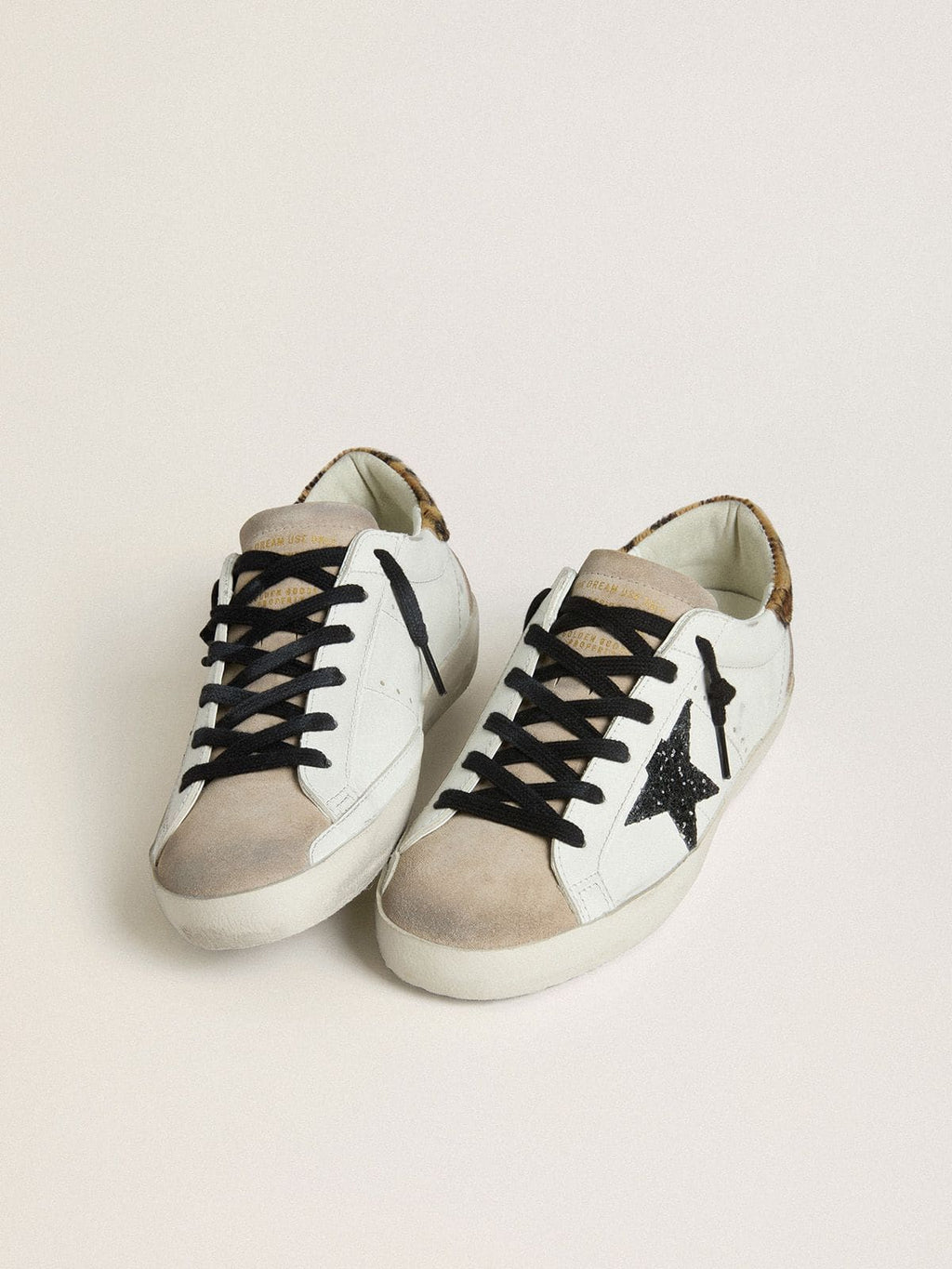 Golden Goose Super-Star Donna con Stella in Glitter Neri e Talloncino in Cavallino Leopardato