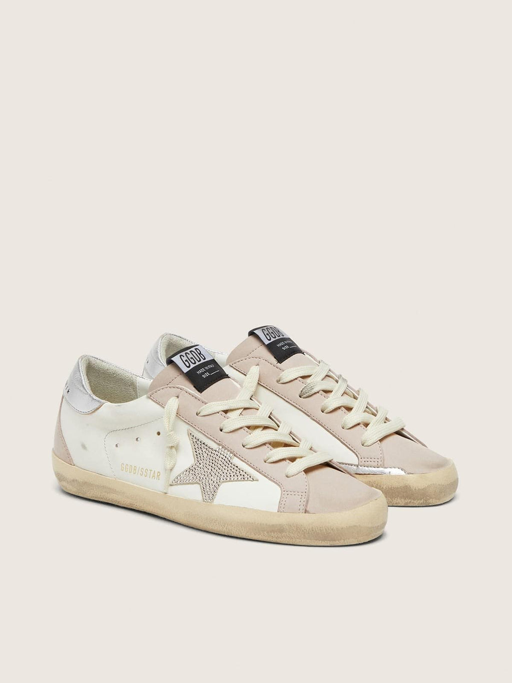 Golden Goose Super-Star Donna in Pelle Bianca e Rosa Cipria con Stella in Cristalli Swarovski Argento