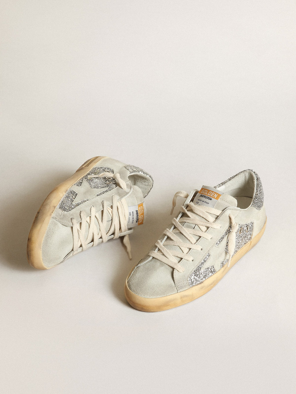 Golden Goose Super-Star Donna in Glitter Argento con Stella e Inserti Ghiaccio