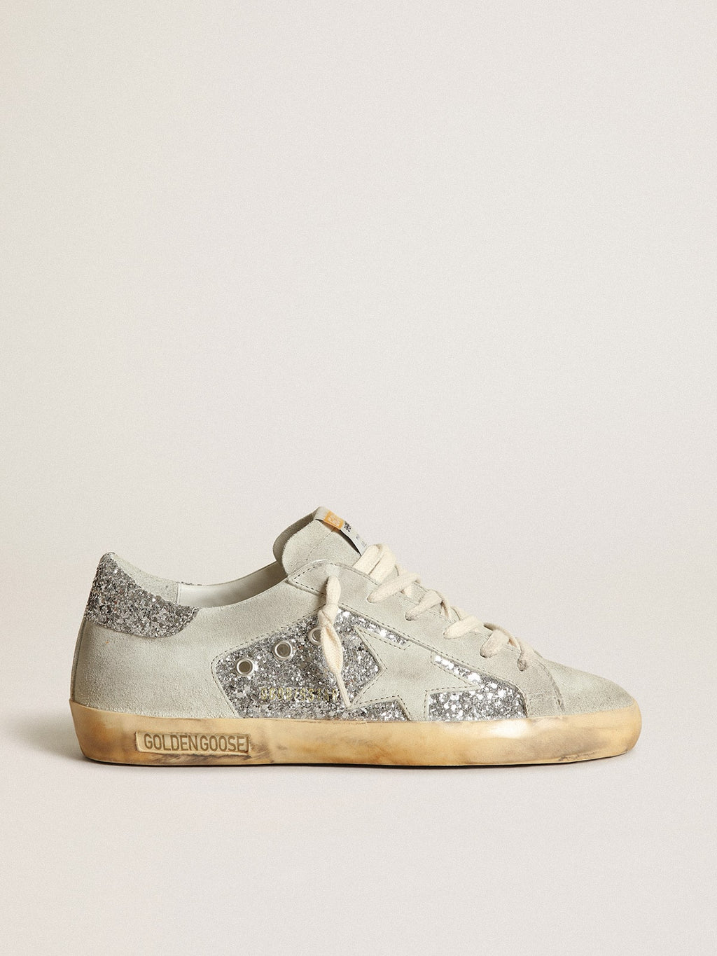 Golden Goose Super-Star Donna in Glitter Argento con Stella e Inserti Ghiaccio