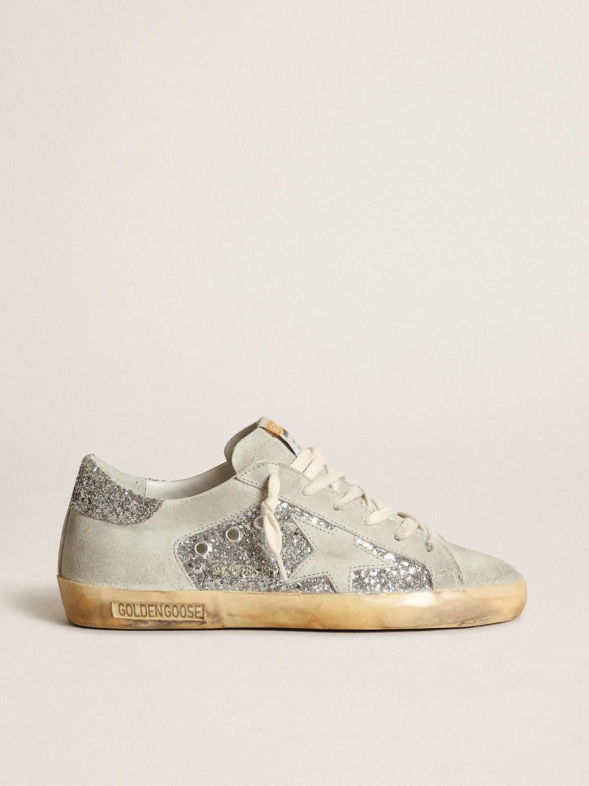 Golden Goose Super-Star Donna in Glitter Argento con Stella e Inserti Ghiaccio