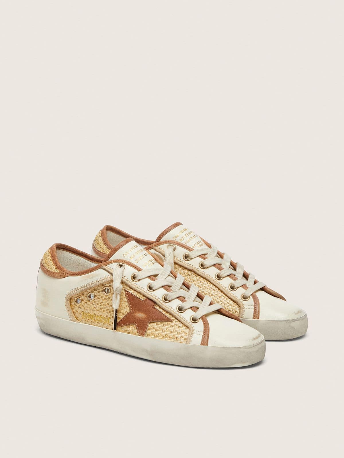 Golden Goose Super-Star Donna in Pelle Bianca e Rafia con Stella e Inserti Color Mattone