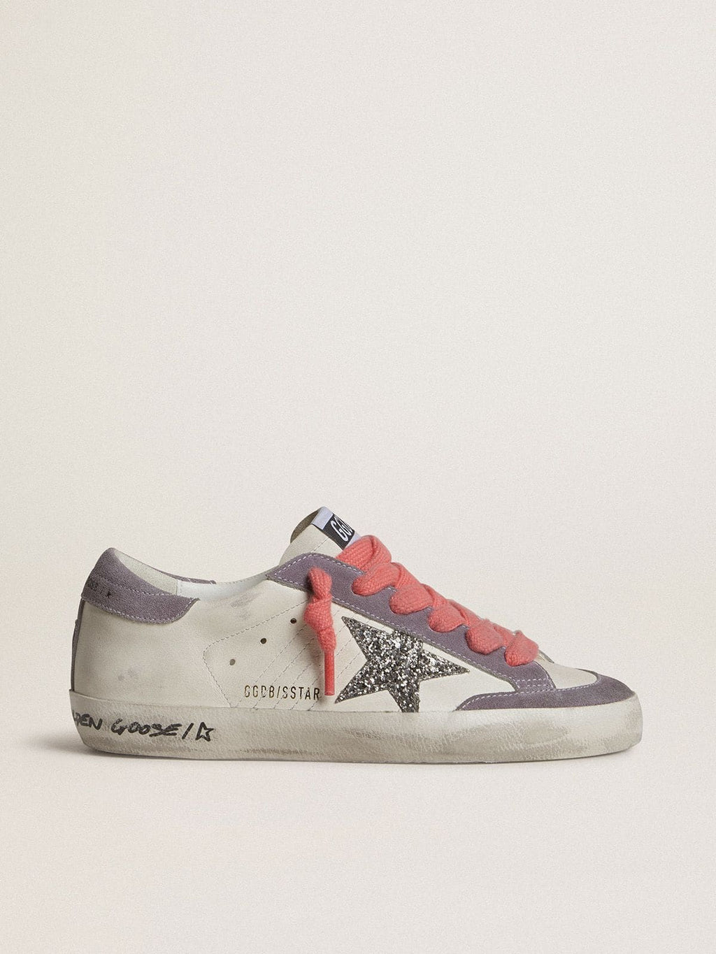 Golden Goose Super-Star Donna con Stella in Glitter Argento e Talloncino in Suede Lilla
