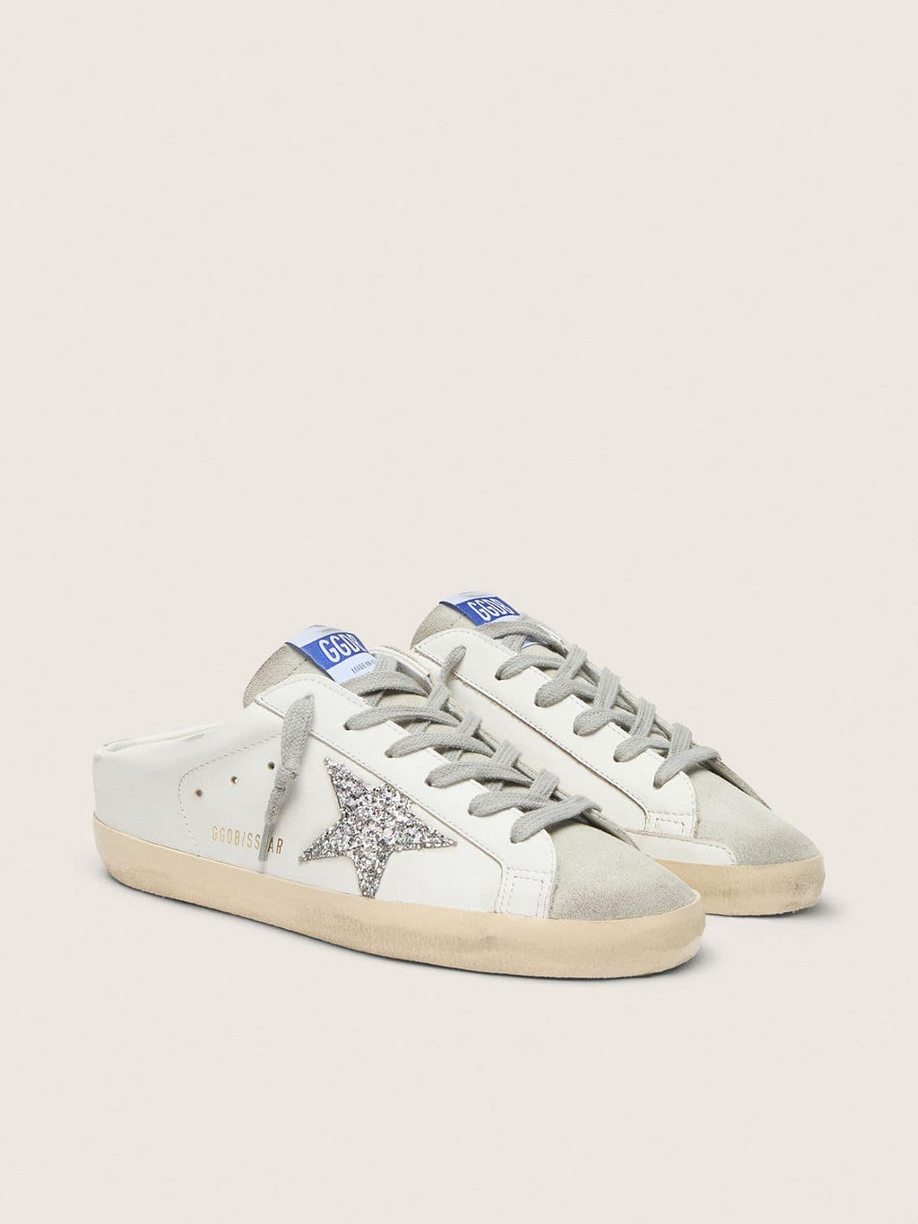 Golden Goose Super-Star Sabot con Stella in Glitter Platino e Linguetta in Suede