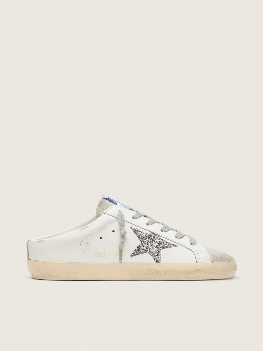 Golden Goose Super-Star Sabot con Stella in Glitter Platino e Linguetta in Suede