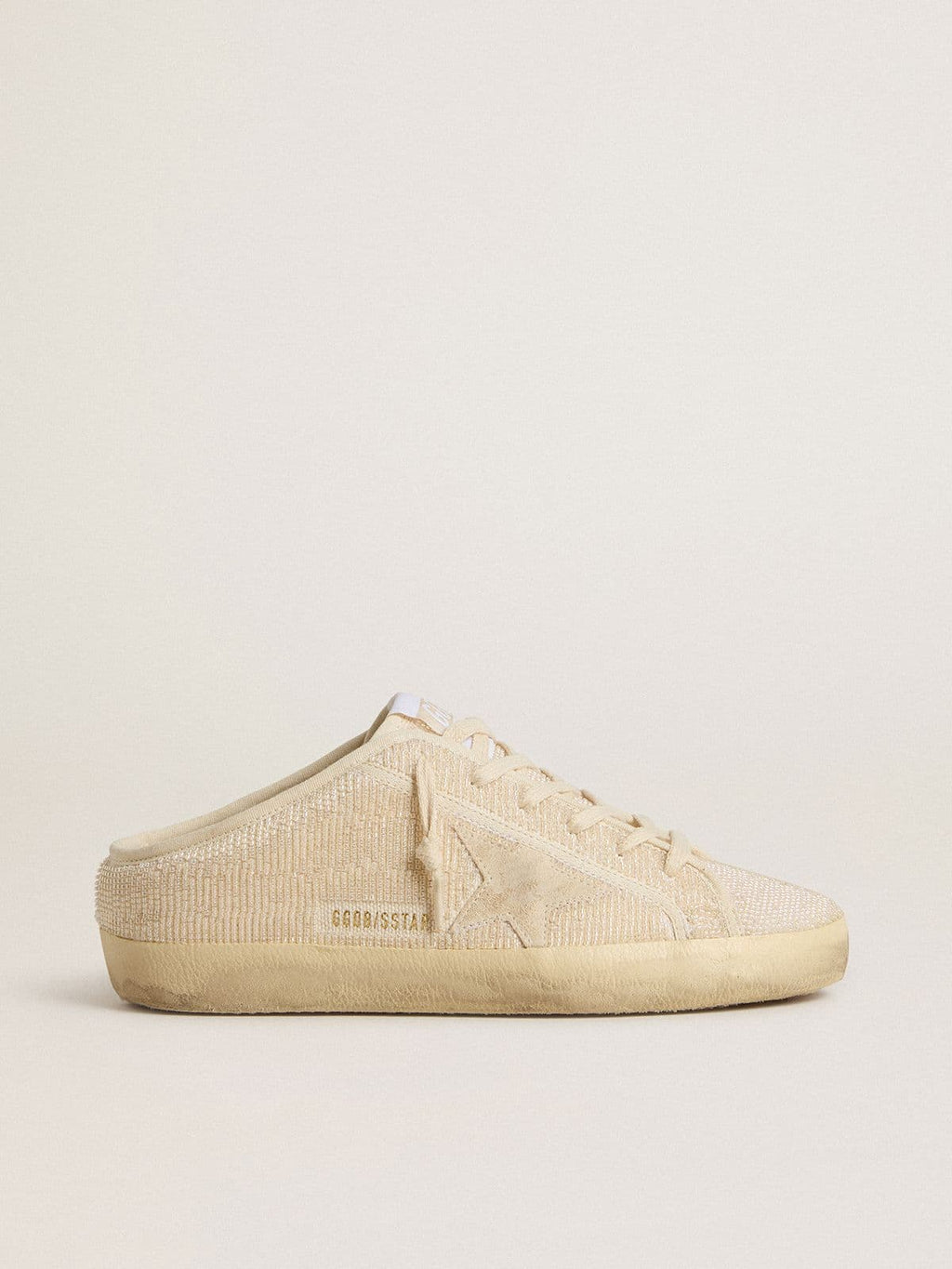 Golden Goose Super-Star Sabot Donna in Canvas Beige con Perline Ricamate e Stella in Suede Beige