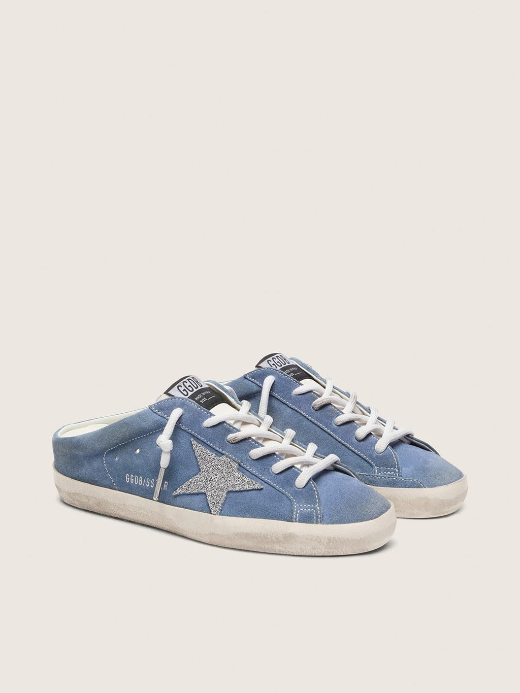 Golden Goose Super-Star Sabot Donna in Suede Blu Denim con Stella Glitter Argento