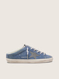 Golden Goose Super-Star Sabot Donna in Suede Blu Denim con Stella Glitter Argento