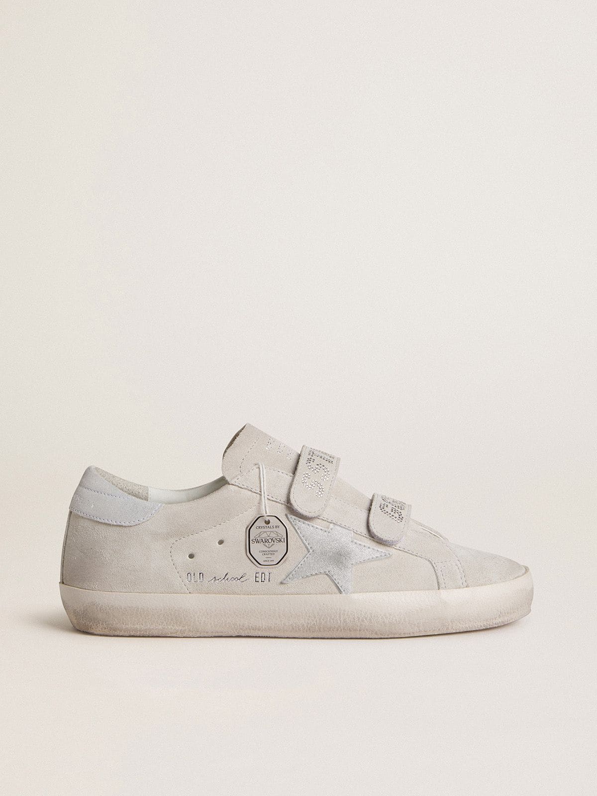 Golden Goose Old School Donna in Suede Grigio Chiaro con Stella in Pelle con Micro Glitter