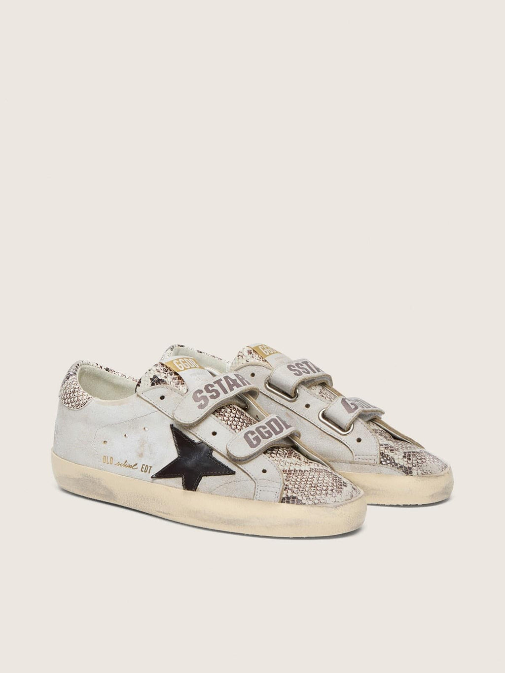 Golden Goose Old School Donna in Pelle Bianca con Stella in Pelle Nera e Inserti in Stampa Pitonata
