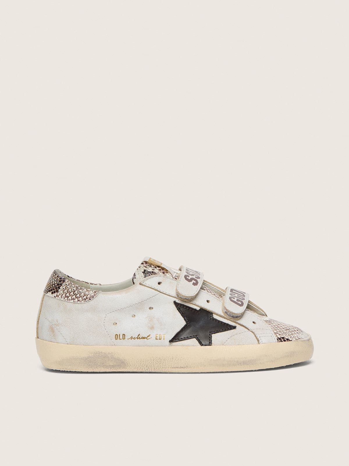 Golden Goose Old School Donna in Pelle Bianca con Stella in Pelle Nera e Inserti in Stampa Pitonata