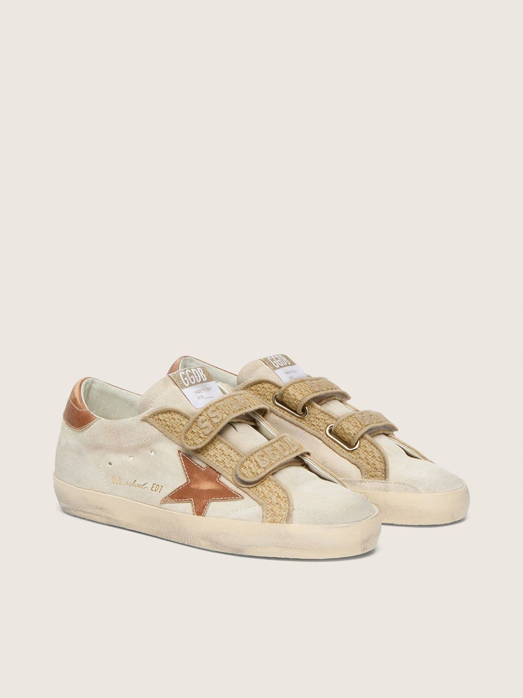 Golden Goose Old School Donna in Suede Perla con Stella in Pelle Mattone  e Cinturino in Rafia