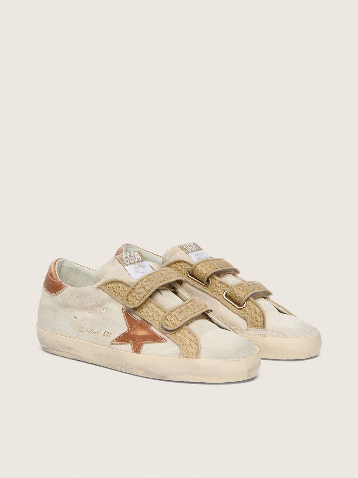 Golden Goose Old School Donna in Suede Perla con Stella in Pelle Mattone  e Cinturino in Rafia