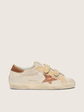 Golden Goose Old School Donna in Suede Perla con Stella in Pelle Mattone  e Cinturino in Rafia