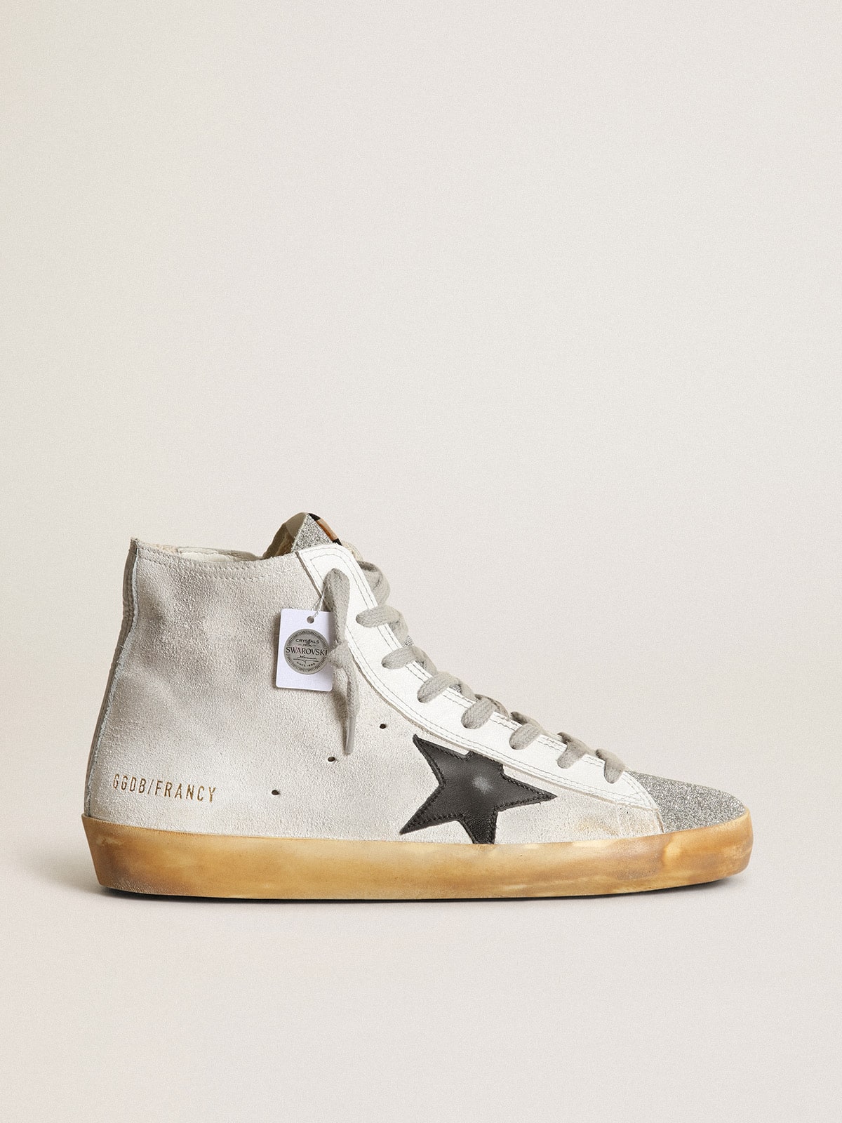 Golden Goose Francy Donna in Suede Bianco con Stella in Pelle Nera e Inguetta in Cristalli Swarovski Argento