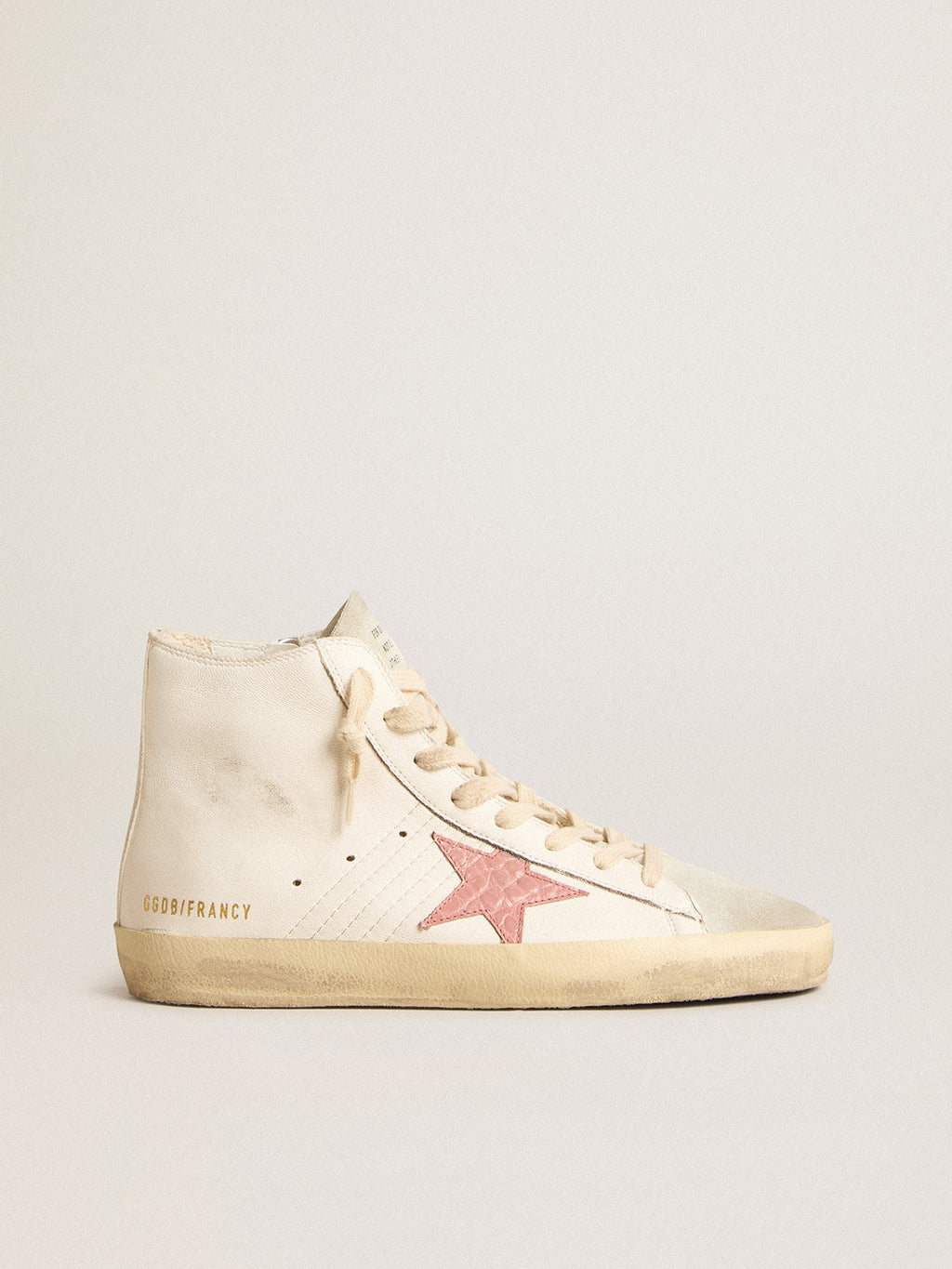 Golden Goose Francy in Nappa Crema con Stella in Pelle con Stampa Coccodrillo Rosa