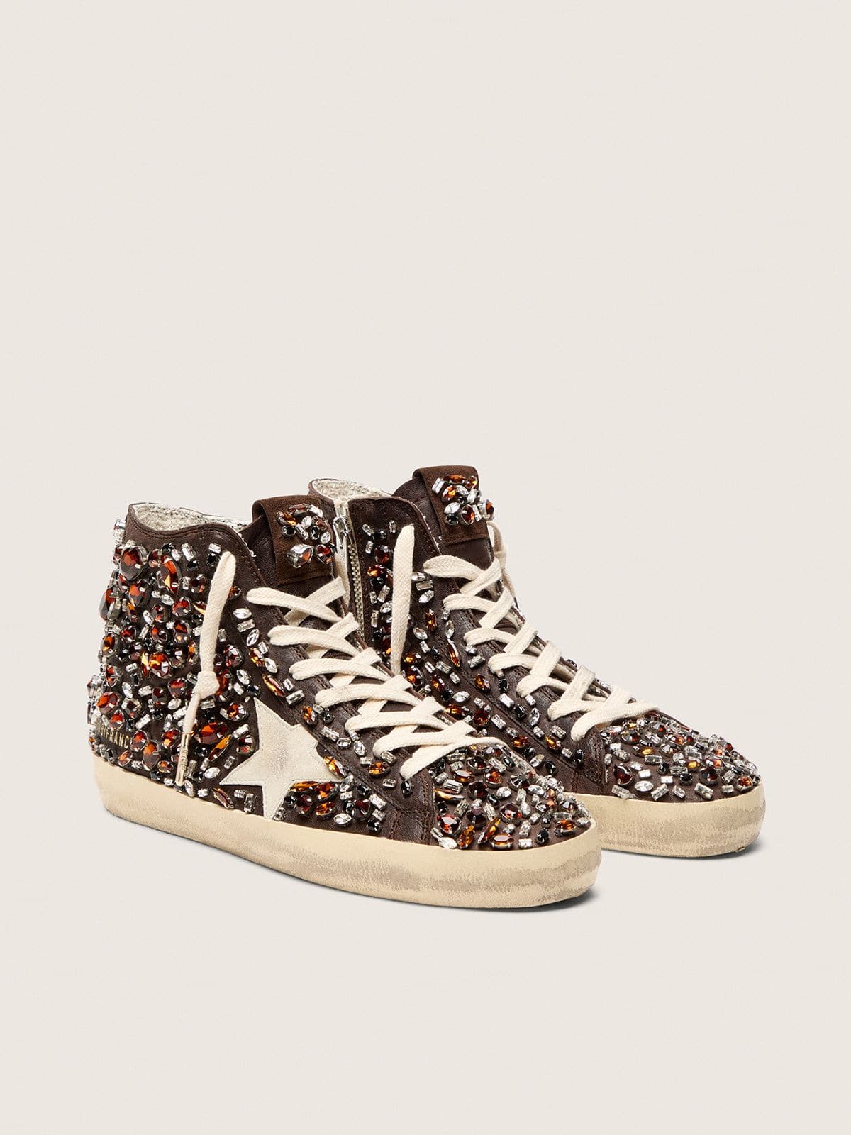 Golden Goose Francy Donna in Pelle Marrone Scuro con Strass Multicolor e Stella in Suede Bianco