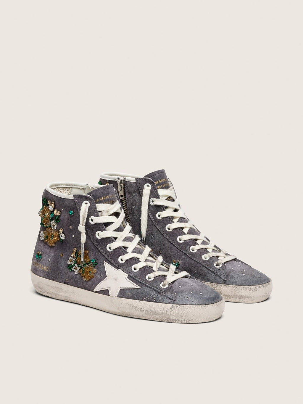 Golden Goose Francy Donna in Suede Grigio Scuro con Stella Bianca e Applicazione di Perline e Cristalli