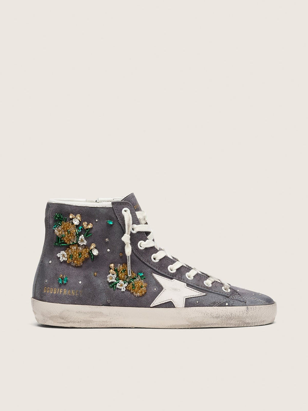 Golden Goose Francy Donna in Suede Grigio Scuro con Stella Bianca e Applicazione di Perline e Cristalli