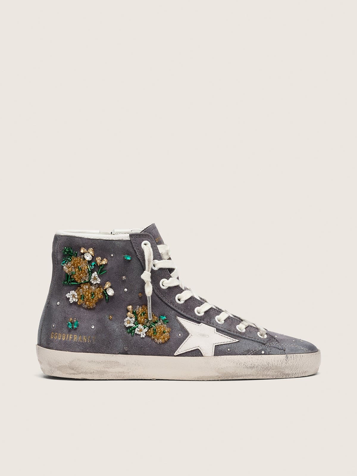 Golden Goose Francy Donna in Suede Grigio Scuro con Stella Bianca e Applicazione di Perline e Cristalli