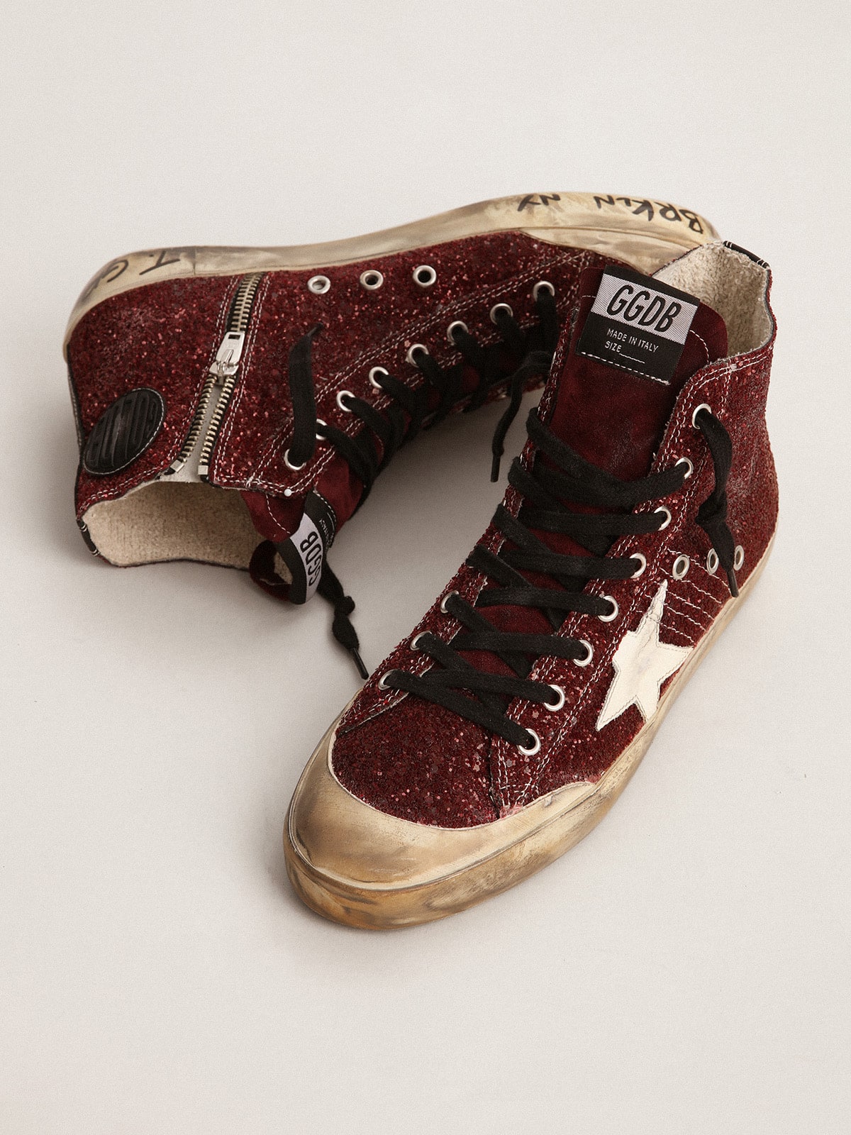 Golden Goose Francy Penstar in Glitter Color Bordeaux con Stella in Pelle Bianca