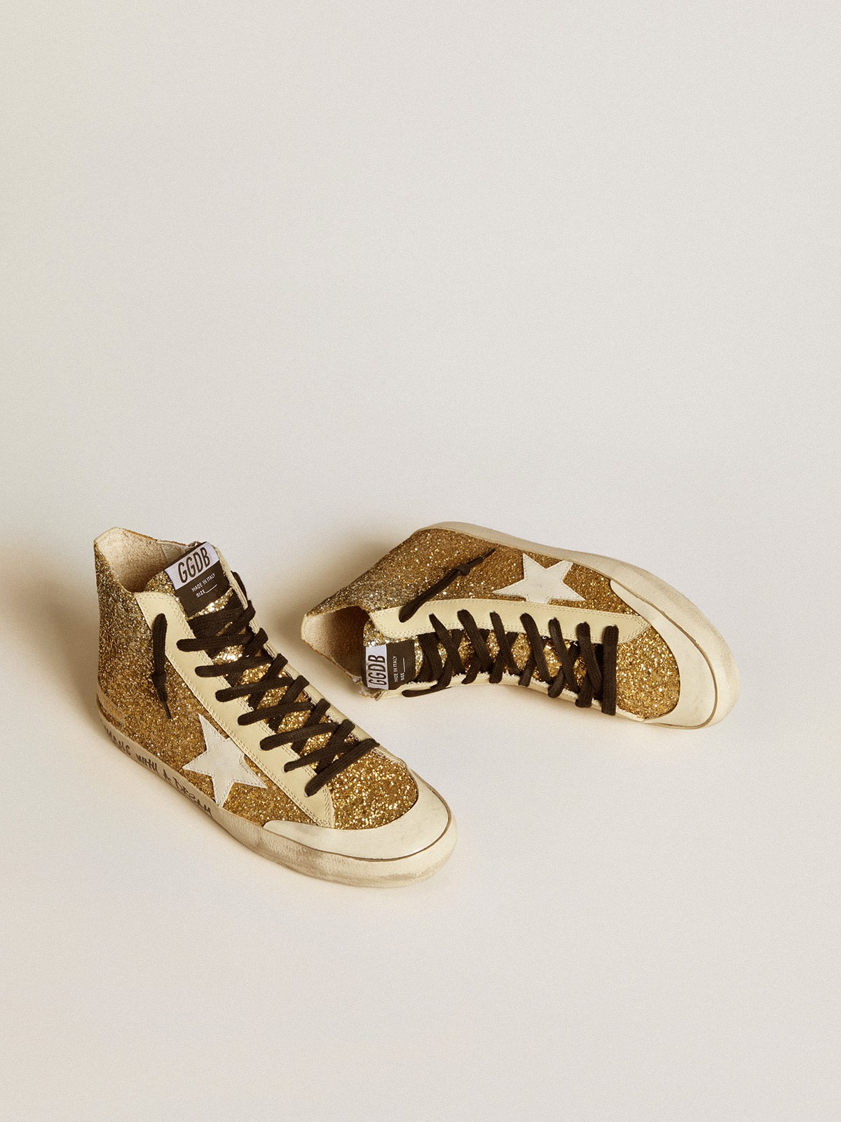 Golden Goose Francy Penstar in Glitter Dorati con Stella in Pelle Bianca