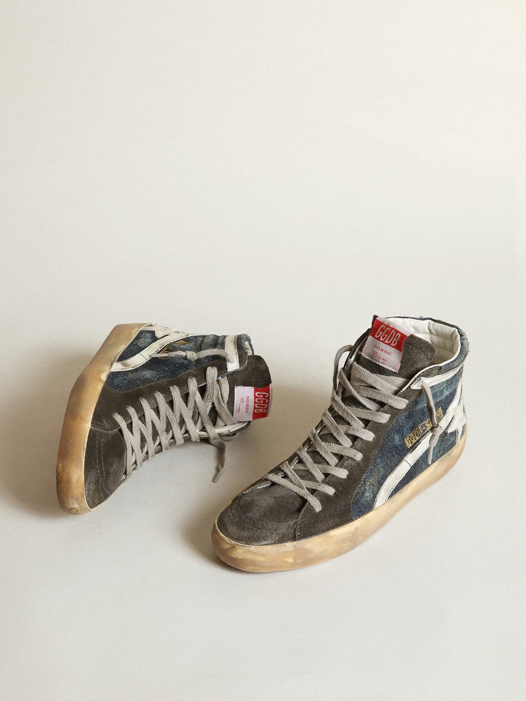 Golden Goose Slide in Denim Color Blu Notte con Stella in Pelle Bianca
