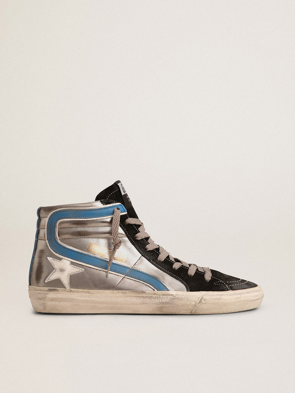 Golden Goose Slide in Pelle Laminata Color Argento con Stella in Pelle Bianca
