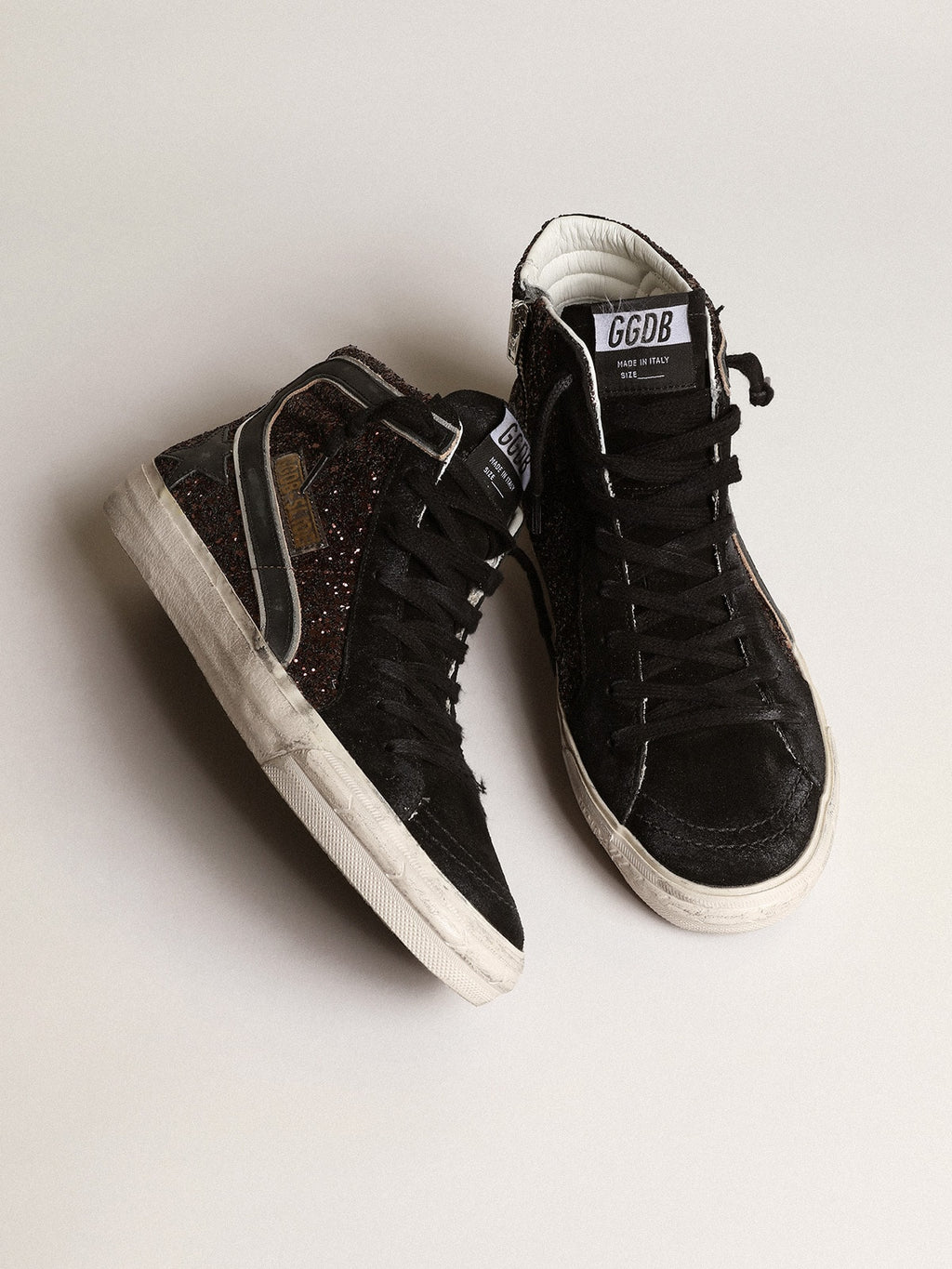 Golden Goose Slide in Glitter Marroni con Stella e Virgola in Pelle Nera