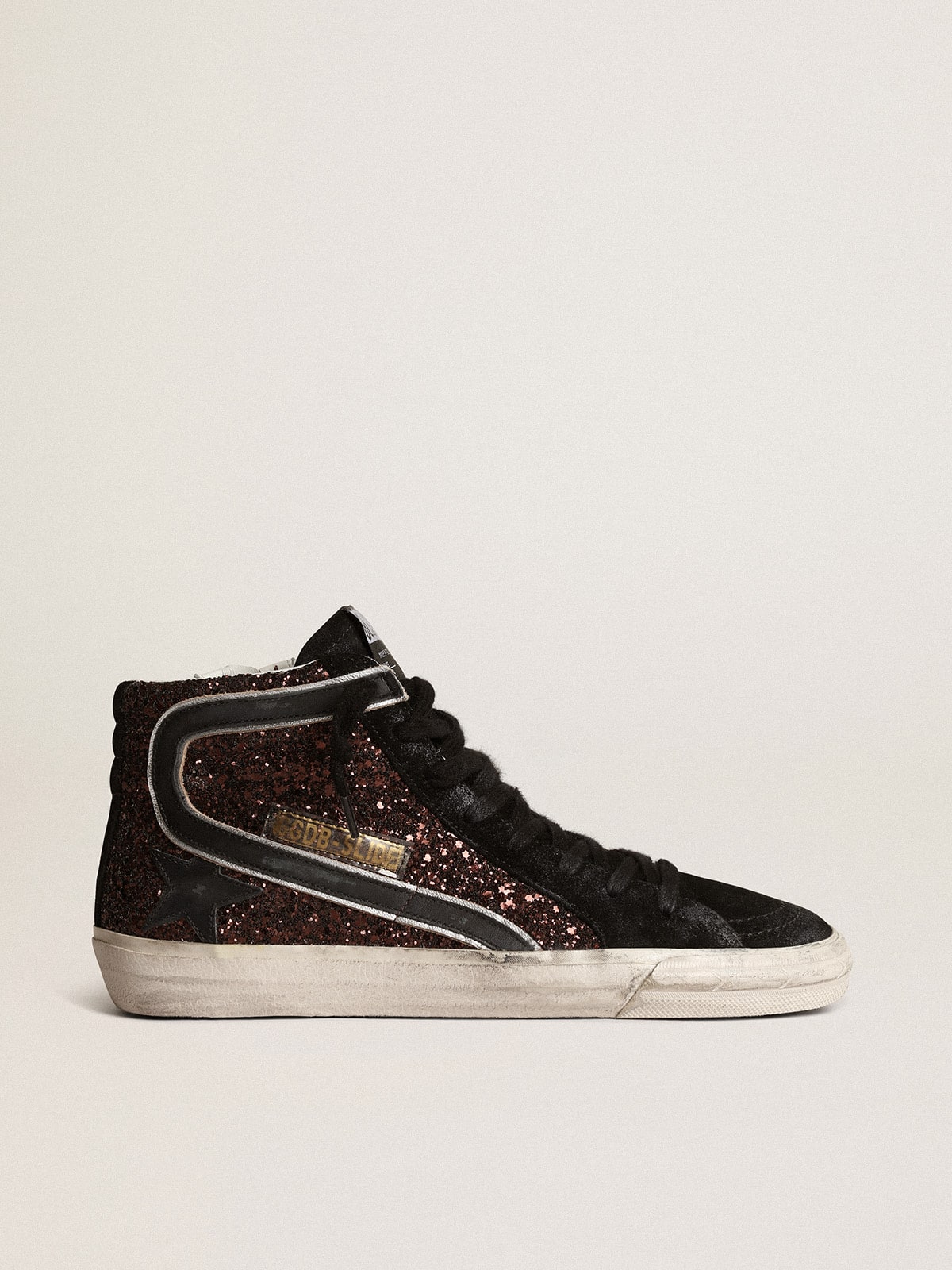 Golden Goose Slide in Glitter Marroni con Stella e Virgola in Pelle Nera