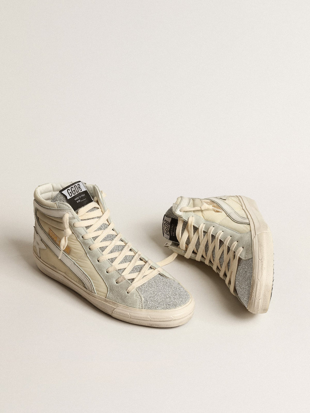 Golden Goose Slide in Nylon Avorio con Stella e Linguetta in Cristalli Swarovski Argento