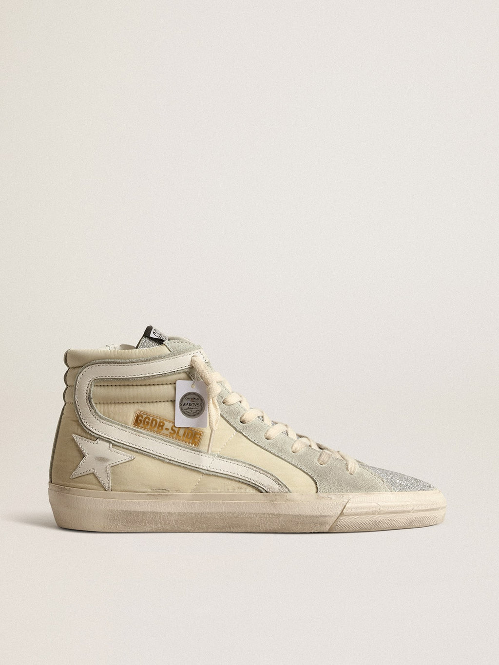 Golden Goose Slide in Nylon Avorio con Stella e Linguetta in Cristalli Swarovski Argento