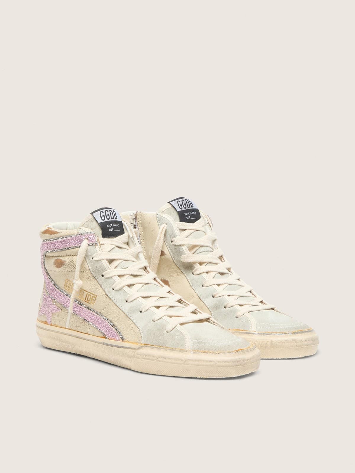 Golden Goose Slide  Beige con Stella e Virgola in Pelle Laminata Rosa