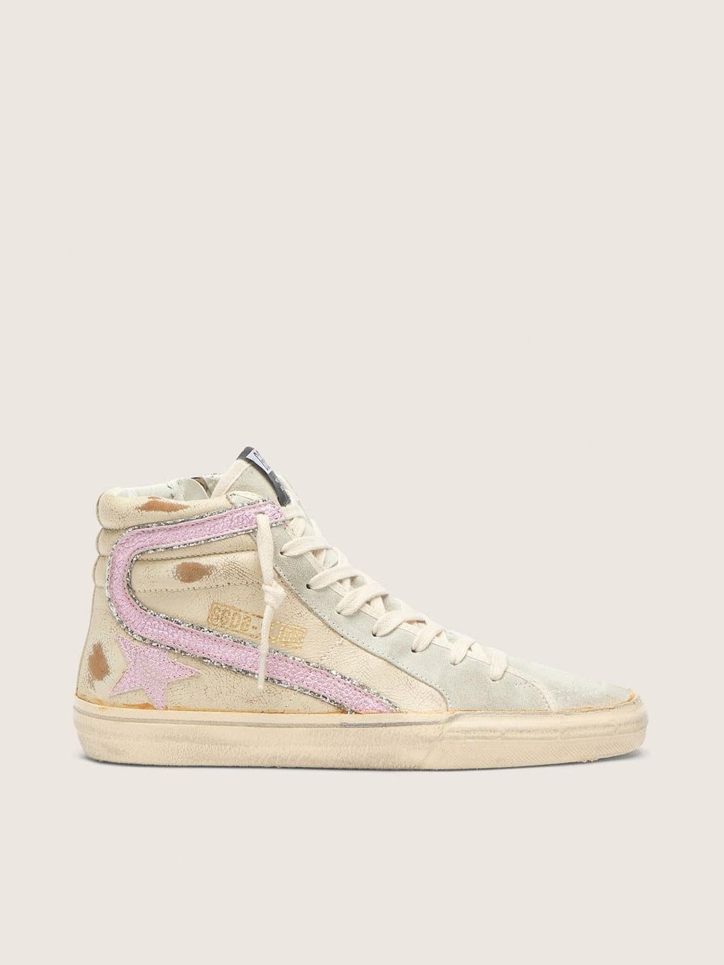 Golden Goose Slide  Beige con Stella e Virgola in Pelle Laminata Rosa