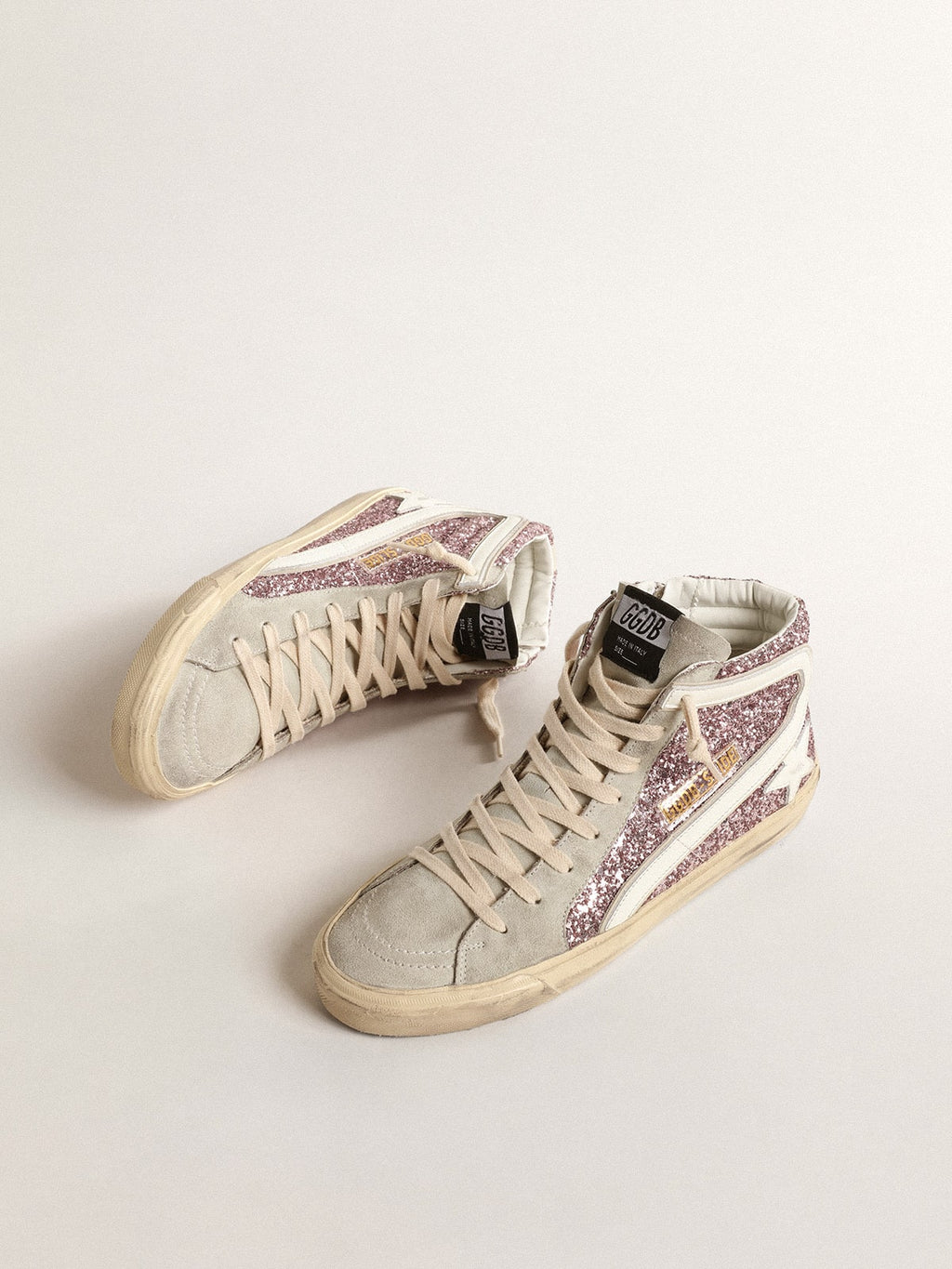 Golden Goose Slide in Glitter Lilla con Stella e Virgola in Pelle Bianca