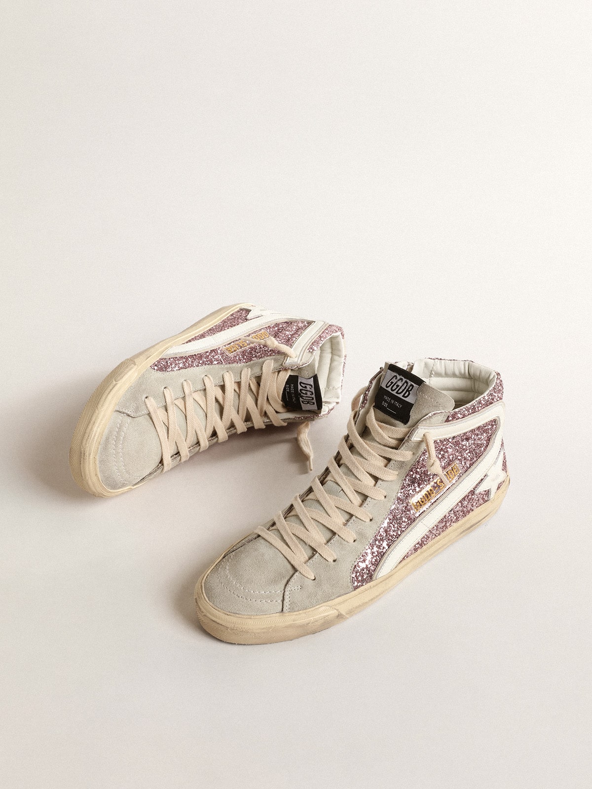 Golden Goose Slide in Glitter Lilla con Stella e Virgola in Pelle Bianca