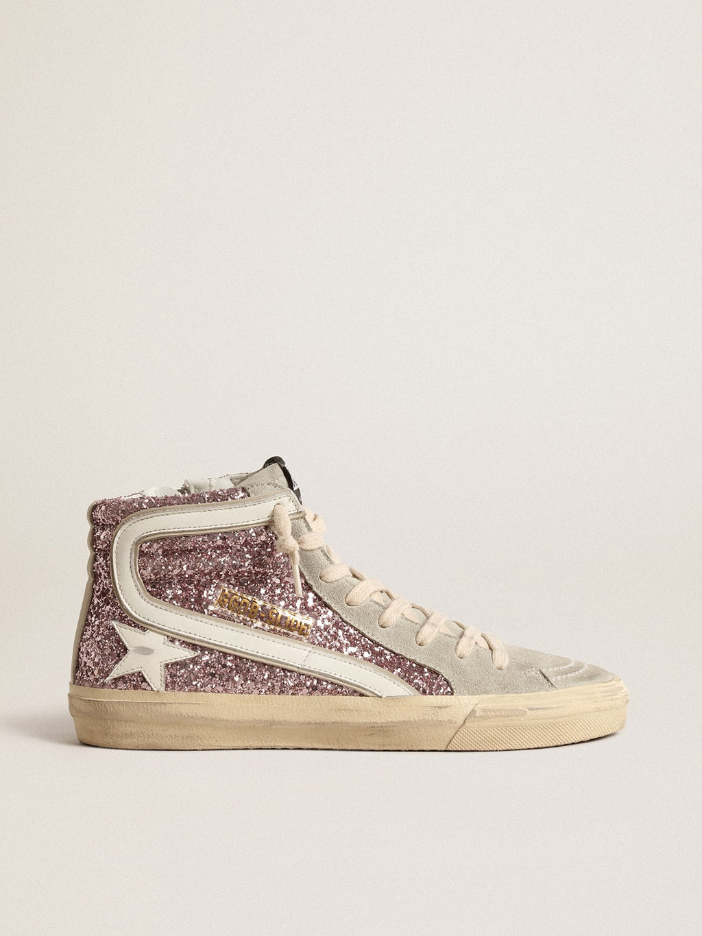 Golden Goose Slide in Glitter Lilla con Stella e Virgola in Pelle Bianca