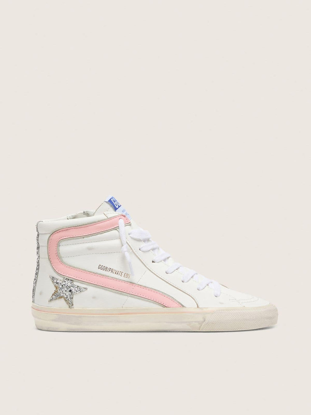 Golden Goose Slide Donna in Pelle Bianca con Stella in Glitter Argento e Virgola in Pelle Rosa