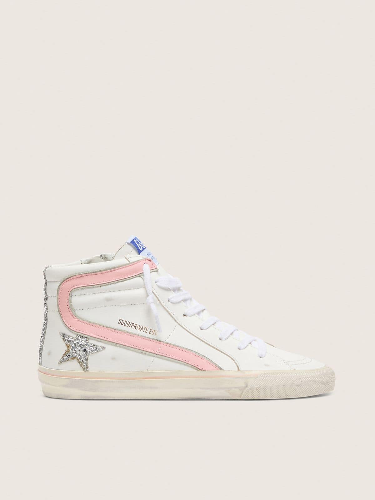 Golden Goose Slide Donna in Pelle Bianca con Stella in Glitter Argento e Virgola in Pelle Rosa