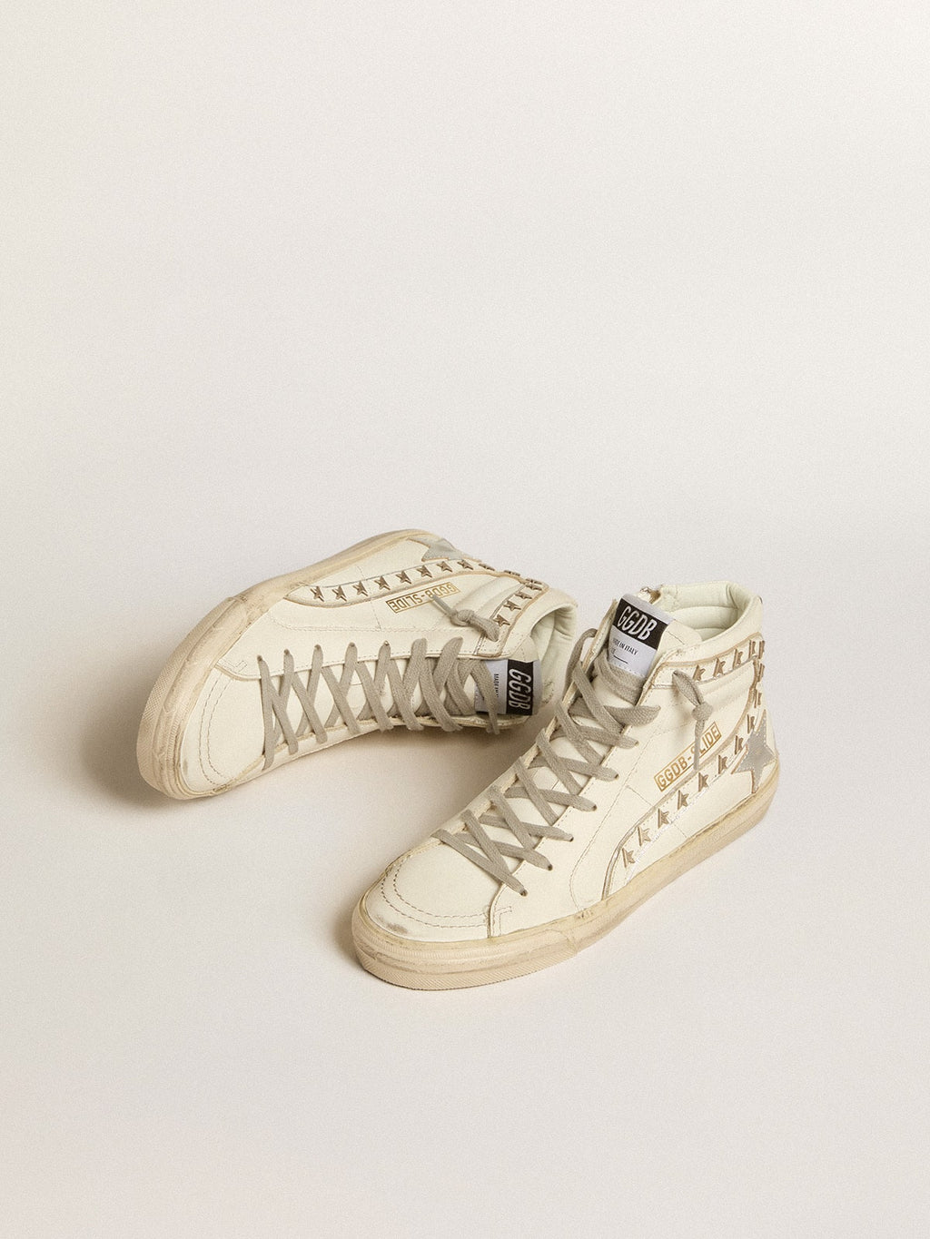 Golden Goose Slide con Stella in Pelle Laminata Argento e Virgola in Pelle con Stelle
