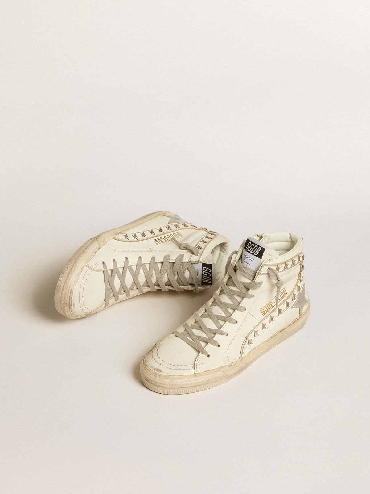 Golden Goose Slide con Stella in Pelle Laminata Argento e Virgola in Pelle con Stelle