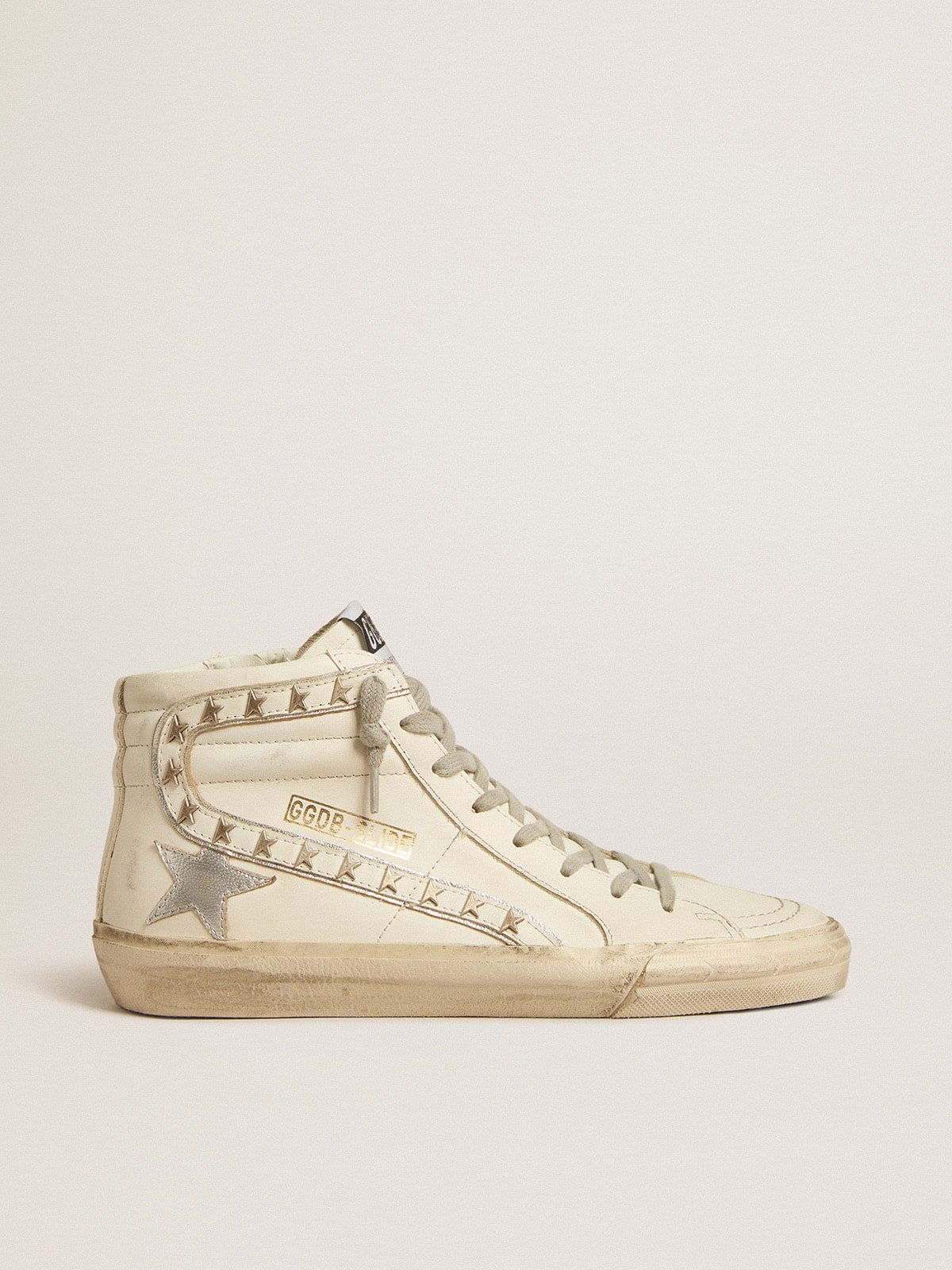 Golden Goose Slide con Stella in Pelle Laminata Argento e Virgola in Pelle con Stelle