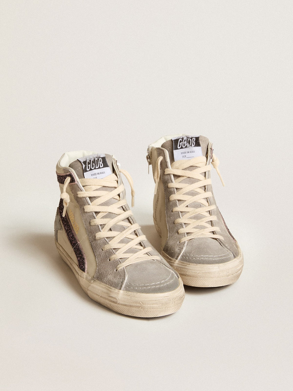 Golden Goose Slide con Stella in Pelle Grigia e Virgola in Glitter Color Vino