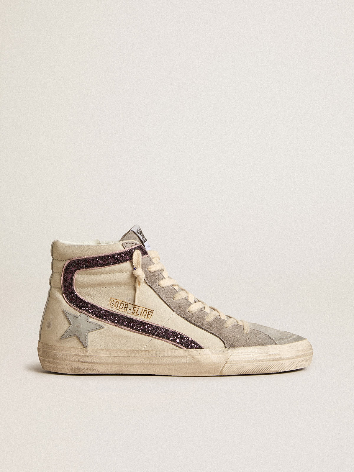 Golden Goose Slide con Stella in Pelle Grigia e Virgola in Glitter Color Vino