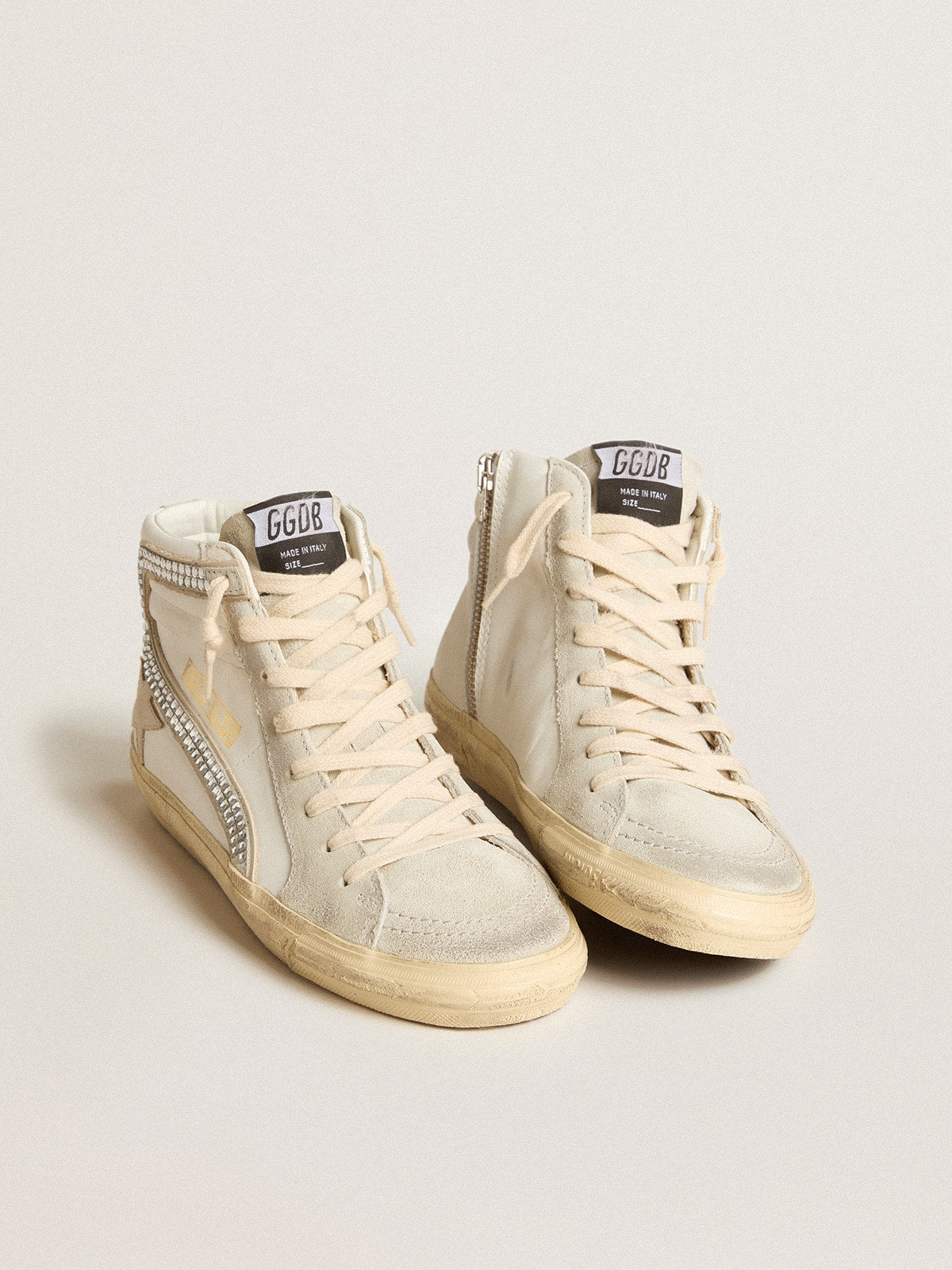 Golden Goose Slide con Stella in Pelle Nude e Virgola in Suede e Swarovski