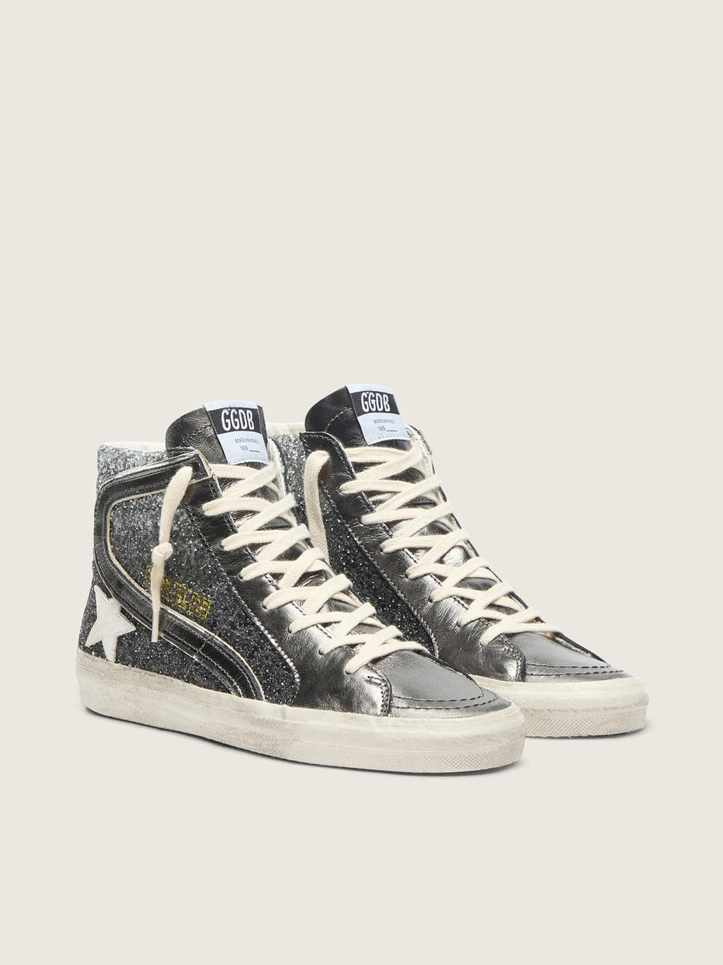 Golden Goose Slide Donna in Glitter Neri e Argento con Stella in Pelle e Virgola Laminata