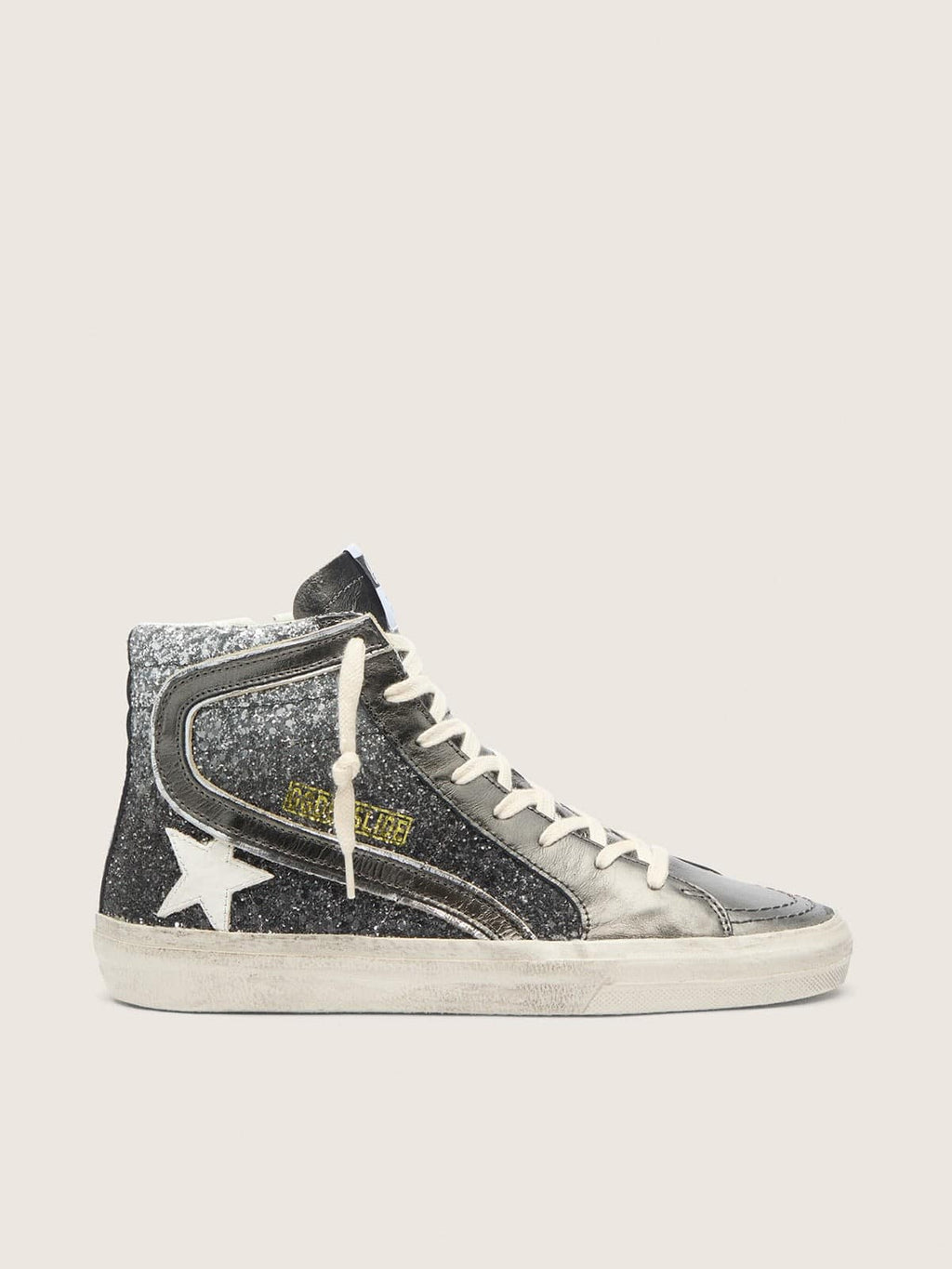 Golden Goose Slide Donna in Glitter Neri e Argento con Stella in Pelle e Virgola Laminata