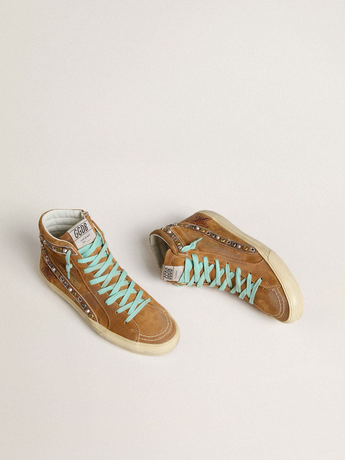 Golden Goose Slide Donna in Suede Color Ocra con Stella in Pelle Color Tabacco