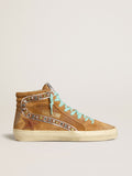 Golden Goose Slide Donna in Suede Color Ocra con Stella in Pelle Color Tabacco